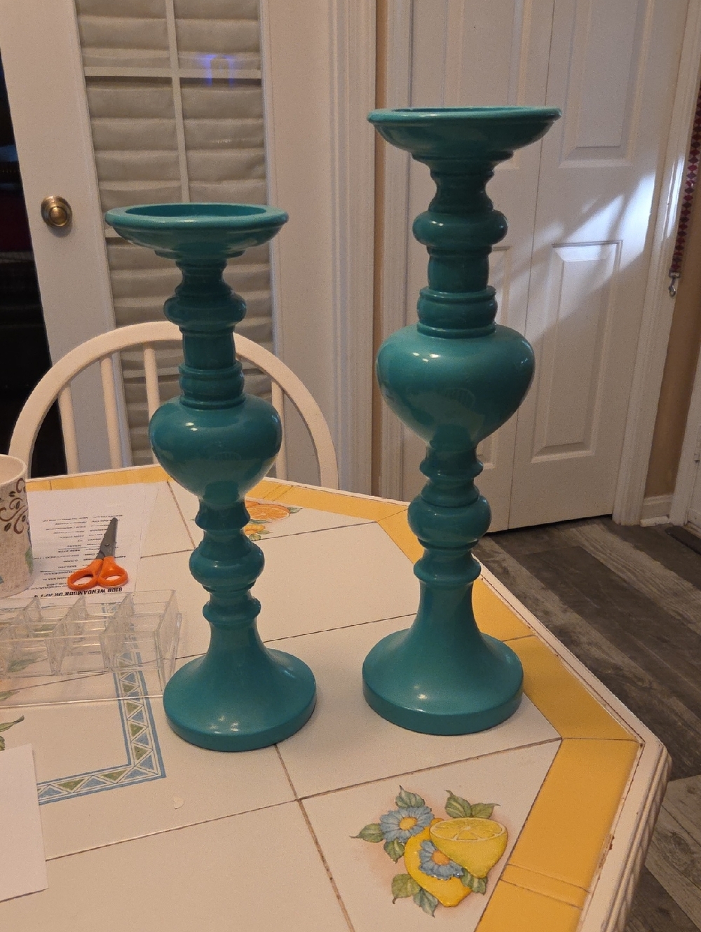 Turquoise Decorative Wood Candle Holders - Set of 2. 14inches And 16 Inches Tall